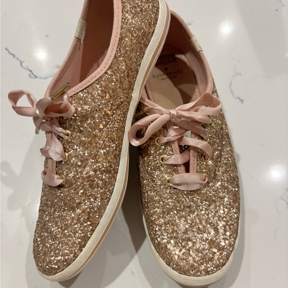 kate spade Rose Gold Glitter Satin Lace-Up Sneakers